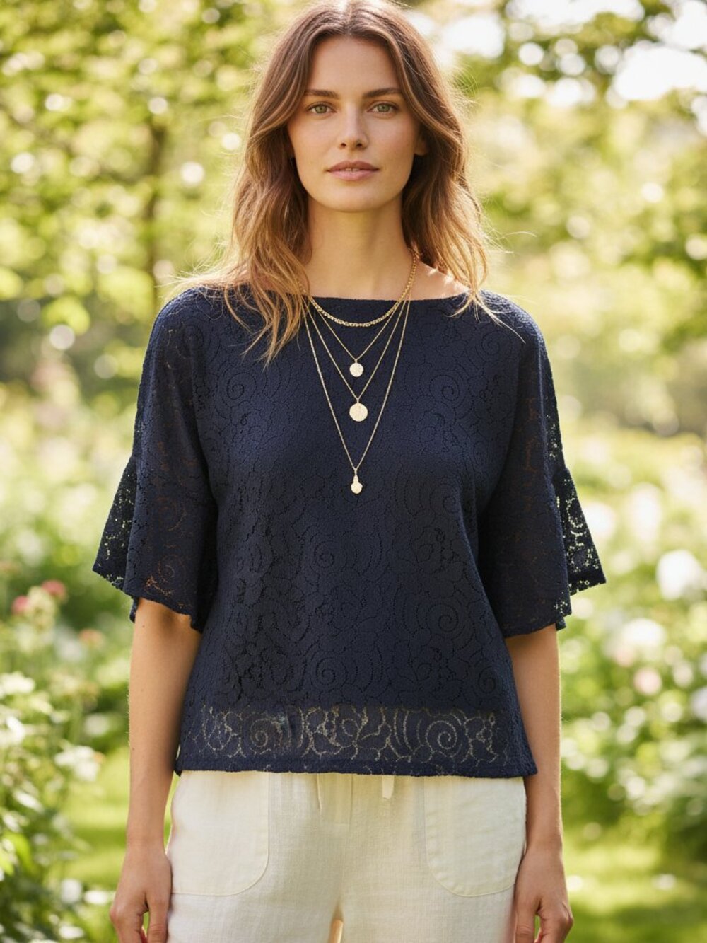 Banana Republic XS Top Navy Blue Lace Flutter Boho Cottage Coastal‎ Office Siren